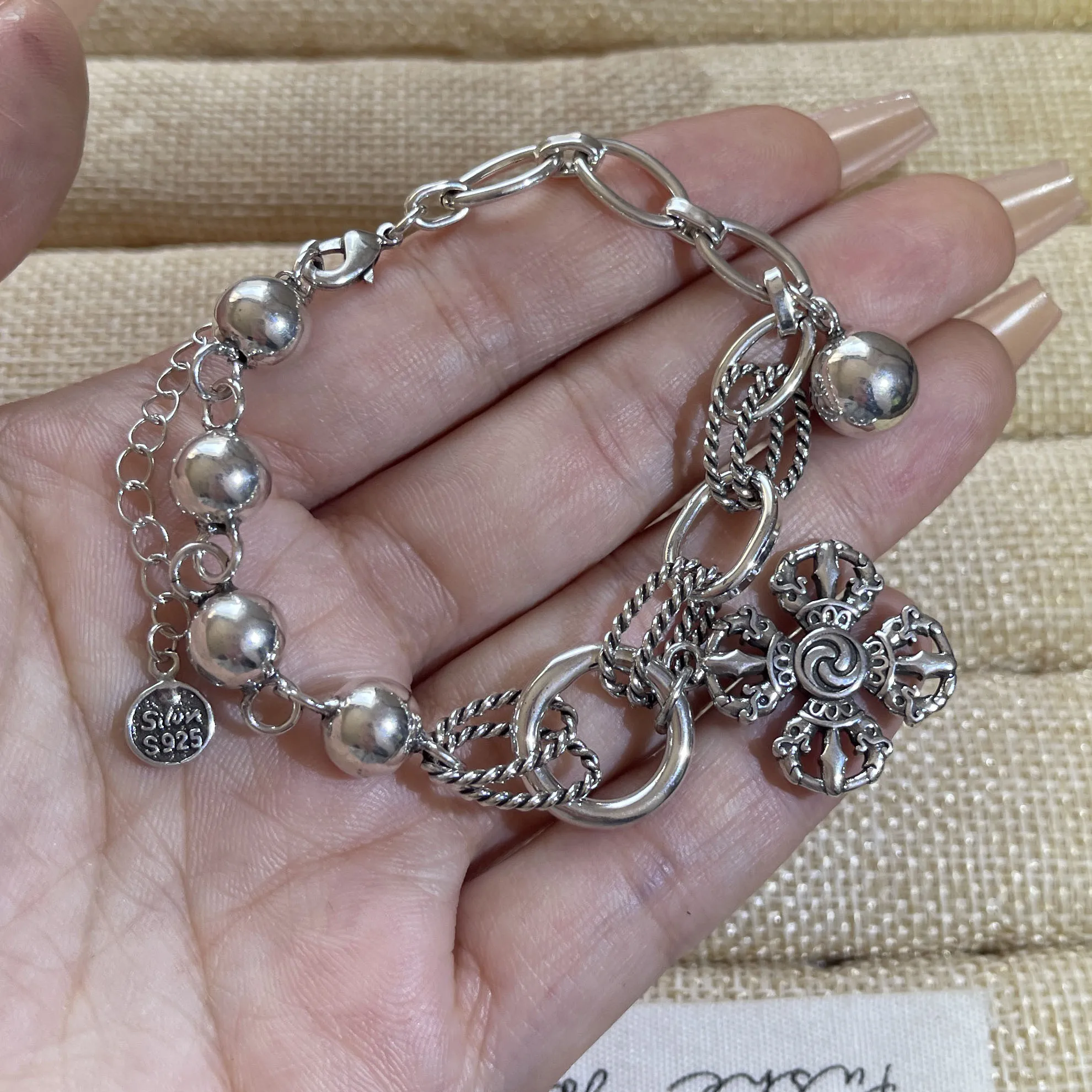 100% Solid 925 Sterling Silver Retro Bracelet for Women Men Vintage Handmade Flower Tassel Bracelet Birthday Gift - Image 3