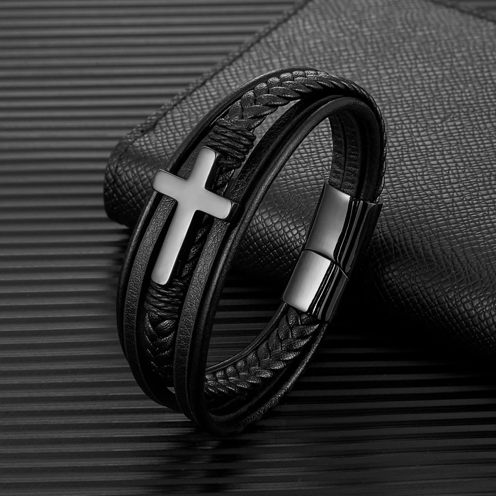 MKENDN Punk Men Cross Design Multilayer Braid Genuine Leather Bracelet 316L Stainless Steel Magnetic Buckle Jewelry Pulseras - Image 12