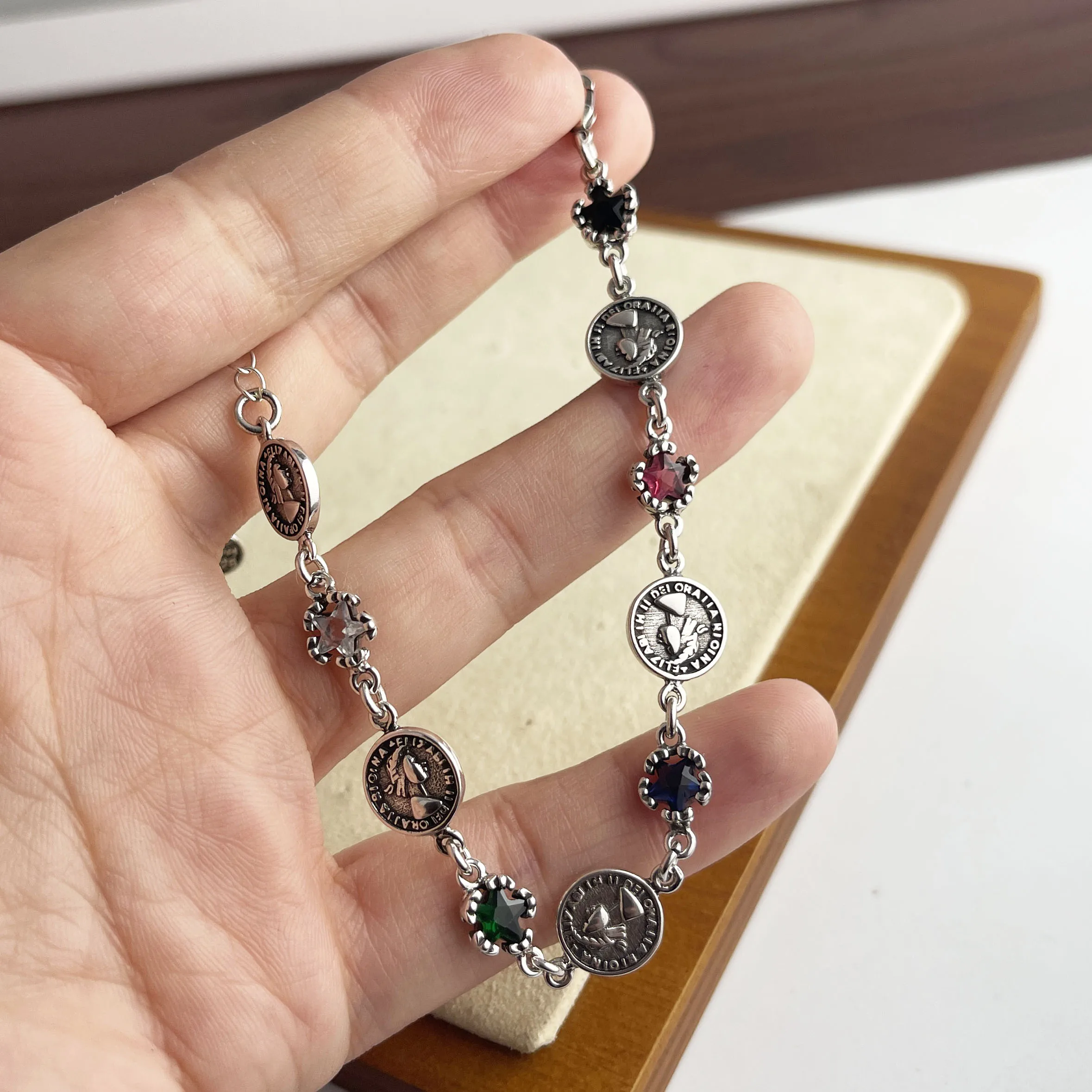 100% Solid 925 Sterling Silver Retro Bracelet for Women Geometric Handmade People Patern CZ Simple Bracelet Birthday Gift - Image 4