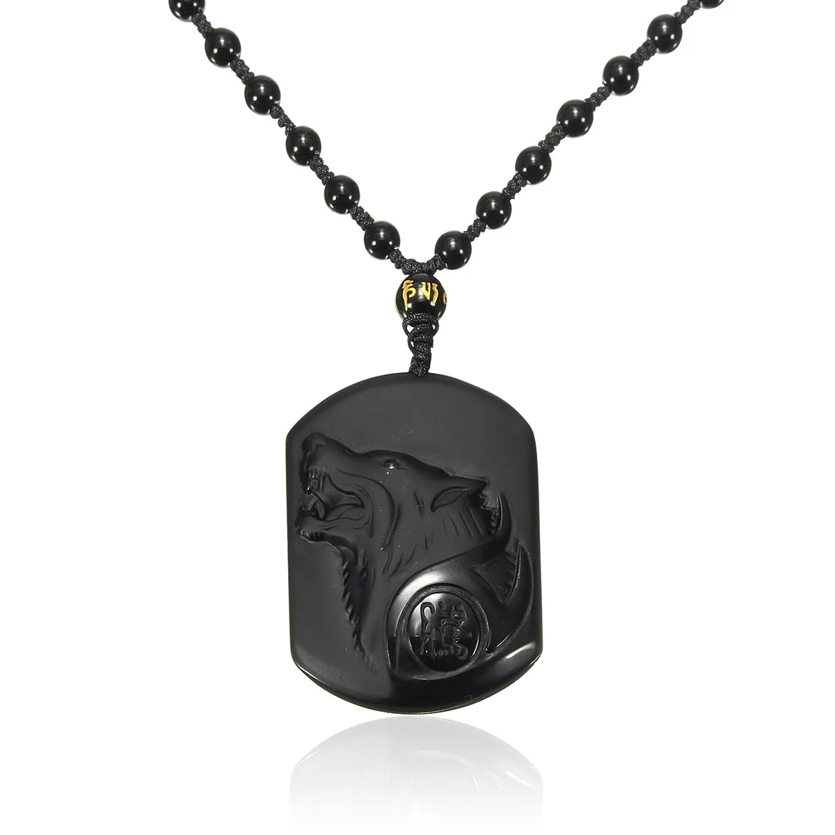 DC 1Strand Nature Stone Pendant Carving Obsidian Wolf Head Collar Hombre Necklaces Cool and Powerful Pendants for Men Gift - Image 4