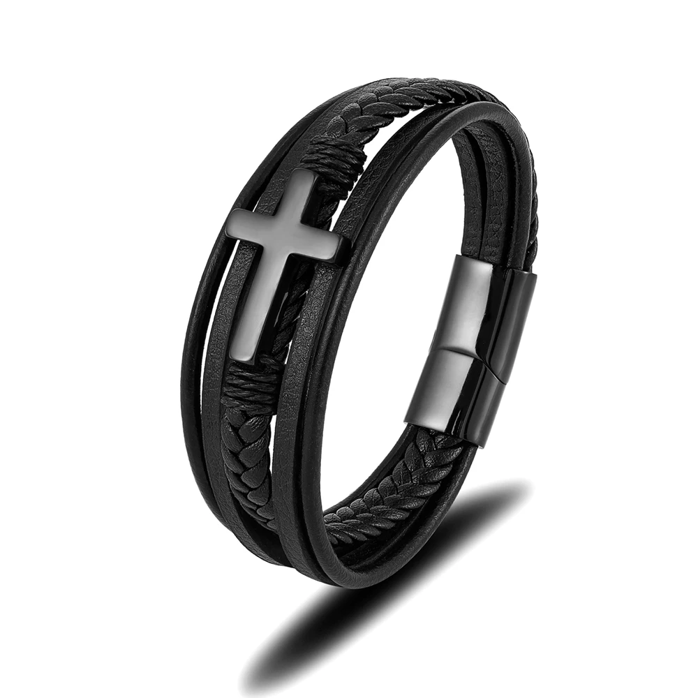 MKENDN Punk Men Cross Design Multilayer Braid Genuine Leather Bracelet 316L Stainless Steel Magnetic Buckle Jewelry Pulseras - Image 5