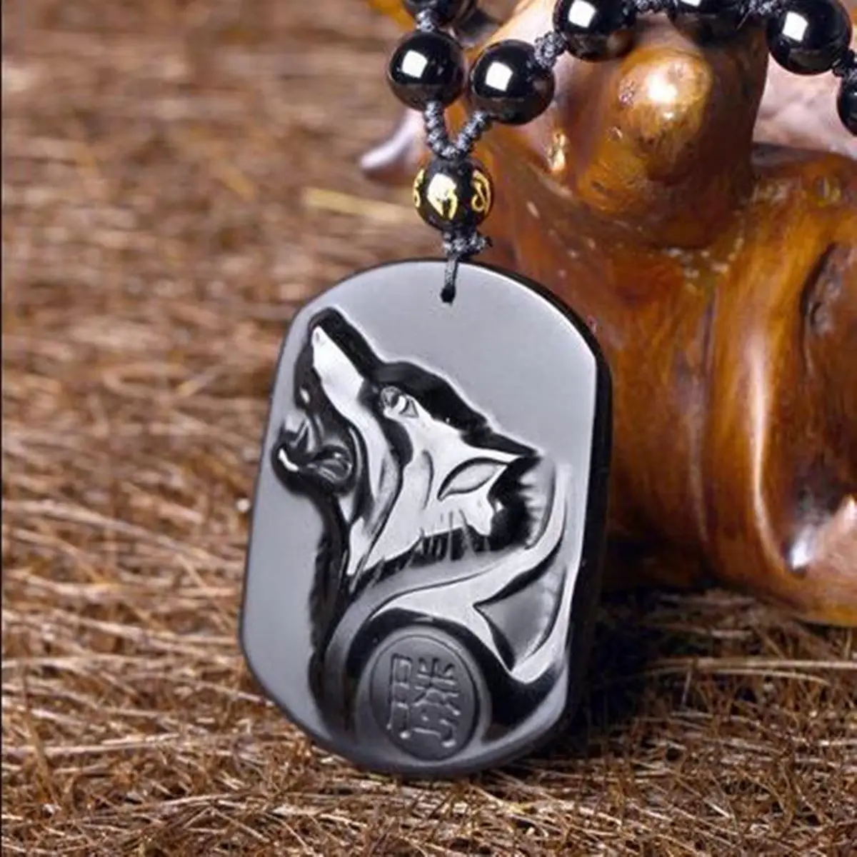 DC 1Strand Nature Stone Pendant Carving Obsidian Wolf Head Collar Hombre Necklaces Cool and Powerful Pendants for Men Gift - Image 5