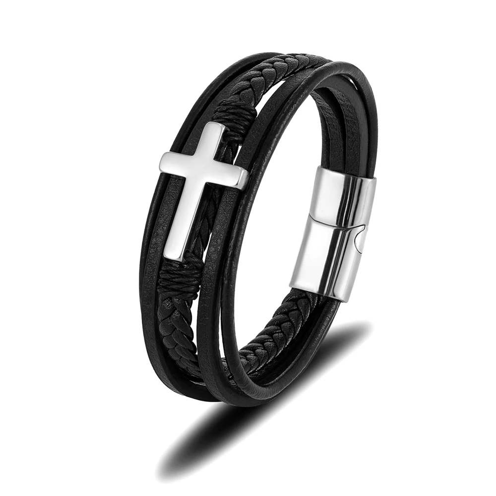 MKENDN Punk Men Cross Design Multilayer Braid Genuine Leather Bracelet 316L Stainless Steel Magnetic Buckle Jewelry Pulseras - Image 14