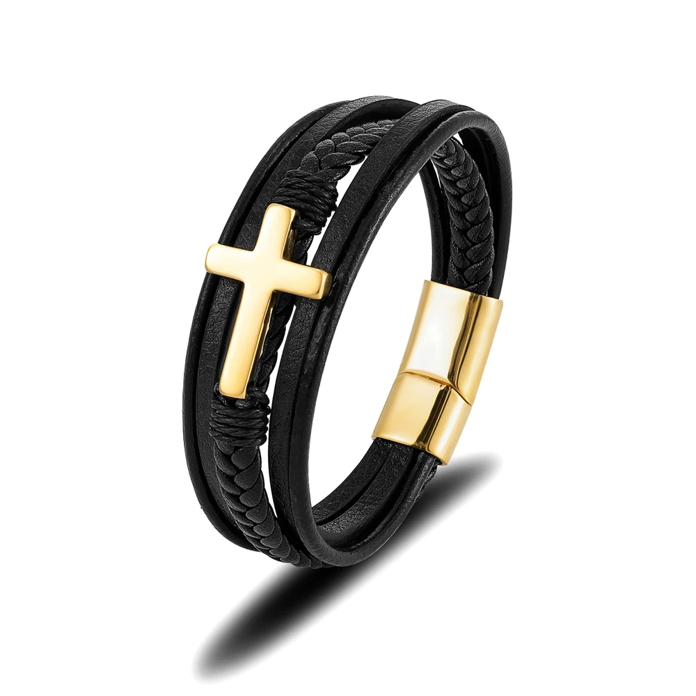 MKENDN Punk Men Cross Design Multilayer Braid Genuine Leather Bracelet 316L Stainless Steel Magnetic Buckle Jewelry Pulseras - Image 7