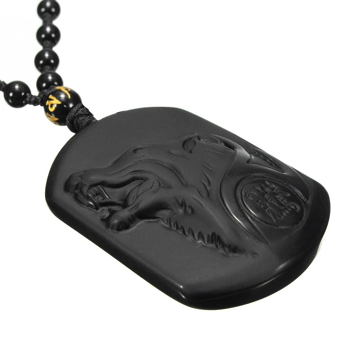 DC 1Strand Nature Stone Pendant Carving Obsidian Wolf Head Collar Hombre Necklaces Cool and Powerful Pendants for Men Gift - Image 3