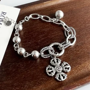 100% Solid 925 Sterling Silver Retro Bracelet for Women Men Vintage Handmade Flower Tassel Bracelet Birthday Gift