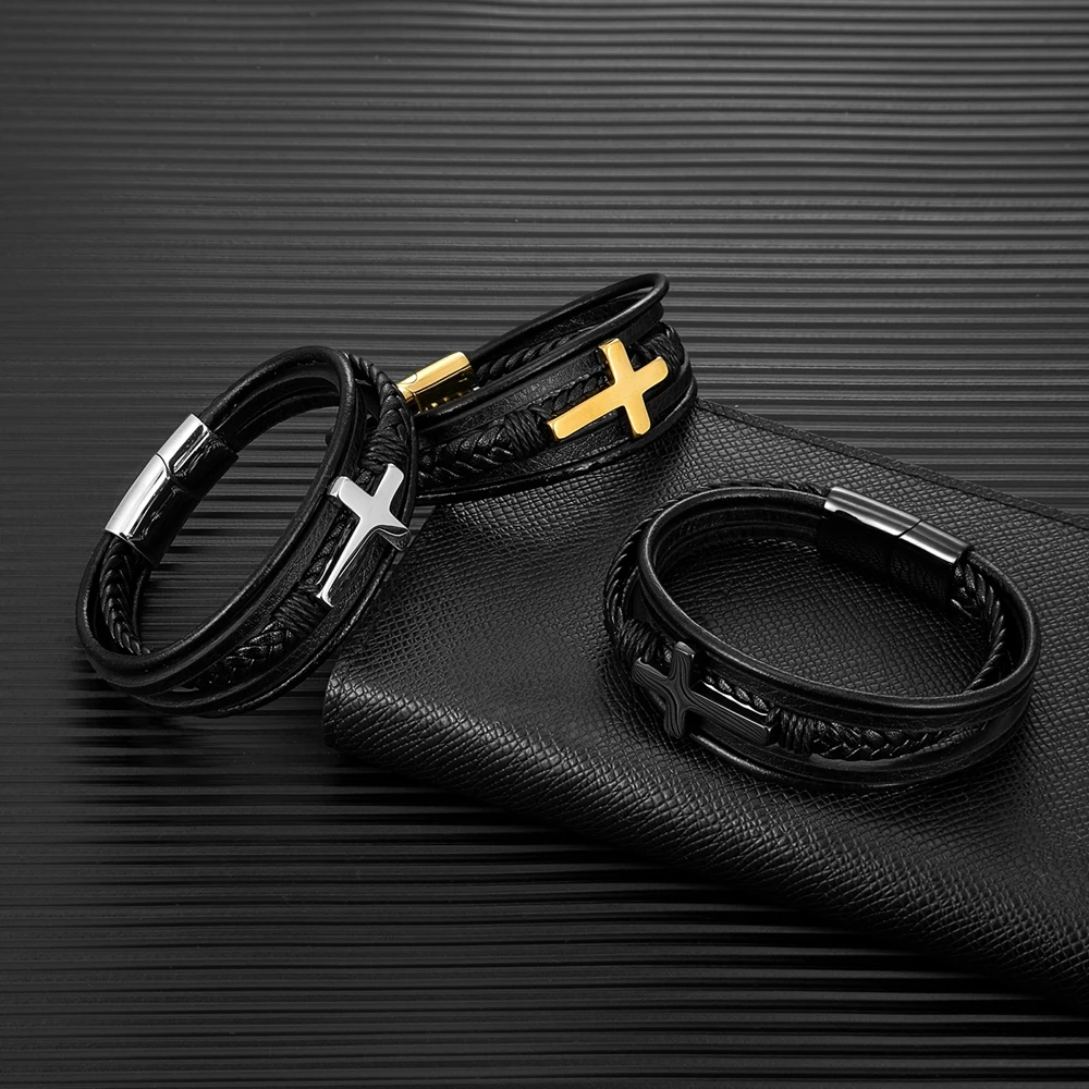 MKENDN Punk Men Cross Design Multilayer Braid Genuine Leather Bracelet 316L Stainless Steel Magnetic Buckle Jewelry Pulseras - Image 4
