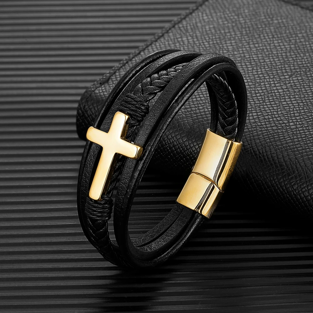 MKENDN Punk Men Cross Design Multilayer Braid Genuine Leather Bracelet 316L Stainless Steel Magnetic Buckle Jewelry Pulseras - Image 3
