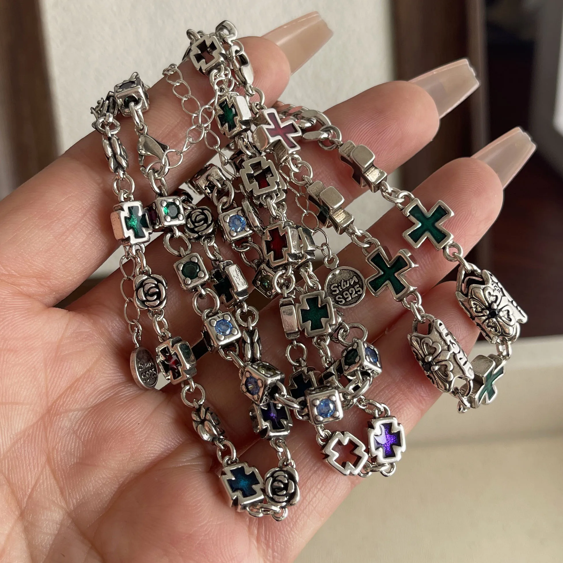 100% Solid 925 Sterling Silver Retro Bracelet for Women Men Vintage Handmade Cross CZ Rerto Bracelet Birthday Gift - Image 4