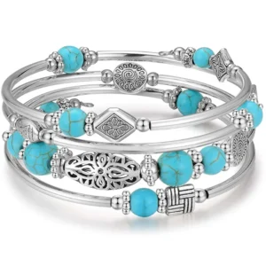 Layered Wrap Bangle Turquoise Bracelet - Bead Bracelet with Natural Agate Stone, Gifts for Women Men Mom Girls