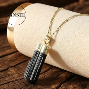 Minimalist Stylish Irregular Natural BlackTourmaline Electroplated Pendant Necklace Men Women Suitable Couples Various Occasions