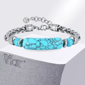 Vnox Stainless Steel Natural Turquoise Bead Bracelet for Men, 19+3cm Adjustable Chain Wristband, Fashion Jewelry Gift for Him