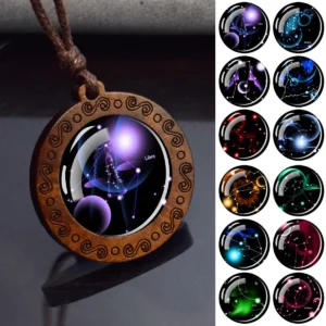 12 Constellation Necklace Starry Sky Zodiac Round Glass Wood Pendant Necklace Birthday Gift Couples Jewelry