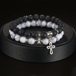 2pcs Set Trendy Nature Stone Cross Beaded Bracelets For Men Vintage White Turquoise Volcanic Stone Men’s Beaded Bracelets Gifts